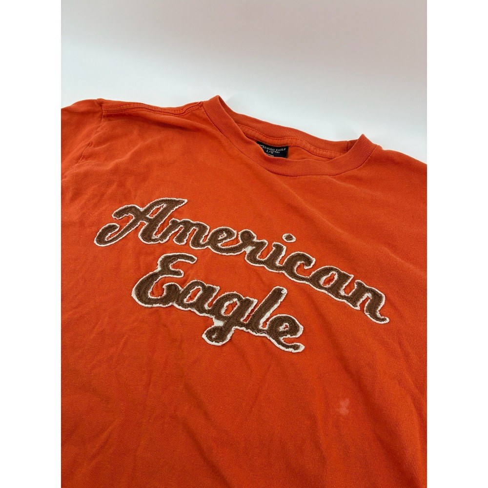 VNTG American Eagle Outfitters Orange Chenille Script Logo T-Shirt Single Stitch